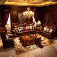 Europäisches Barock-Ledersofa-Set 3-Sitzer 2-Sitzer Sessel Geschnitzter Massivholzrahmen Gesteppt Braun Wohnzimmermöbel