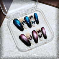 Faux ongles en amande de taille moyenne, effet œil de chat, papillon, transparents, de luxe, à couverture complète, haute qualité, prix usine, pour les fêtes