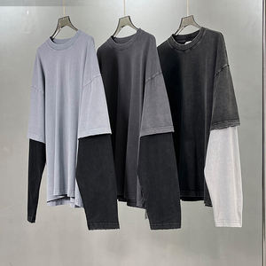 Custom Retro Acid Wash <b>Tshirt</b> Unisex Streetwear Print Graphic Double Layer O-neck <b>Long</b> Sleeve T-shirt for Men - Product Image 1