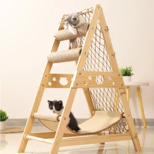 Cat Climbing Net Tree Tower Scratcher Climbing Jumping Frame Wooden Cat Nest Hammock Bed Suitable for Multi-cat Family