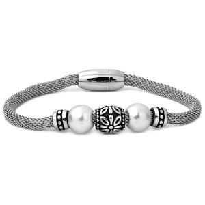 Tibetan Silver Mesh Chain <b>Bracelet</b> With Pearl <b>Beads</b> And Geometric Design Fashion Jewelry <b>For</b> Men And Women - Product Image 1