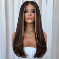 Perruque Lace Front Brun Foncé avec Mèches, Cheveux Humains Longs et Lisses, Raie au Milieu, Ligne de Cheveux Naturelle, Bonnet Sans Colle, Texture Douce, Style Salon