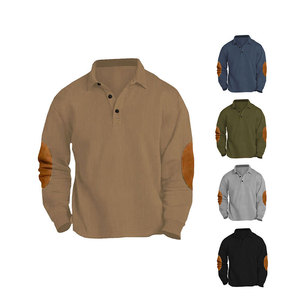 Polo à manches longues pour homme, gris, col boutonné côtelé, respirant, vêtement de loisirs, printemps automne, haut décontracté avec empiècements aux coudes - Product Image 4