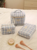 Kotak Kosmetik Kain Quilted Bermotif Kotak-kotak, Banyak Sekat, Organizer Makeup & Perawatan Kulit Berkapasitas Besar, Pesanan Grosir