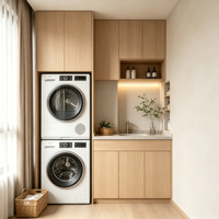 Meuble de buanderie sur mesure en MDF avec porte vitrée, poignée en laiton, étagère LED, colonne lave-linge/sèche-linge, évier et comptoir pour appartement, OEM ODM