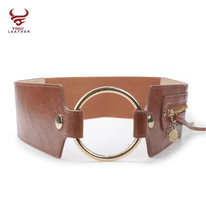 femmes ceinture élastique grand anneau rond zipper argent ceintures ceinture extensible avec languette à pampille