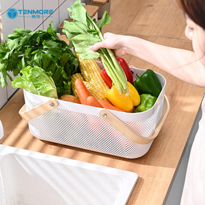 Cesto portaoggetti in plastica nordico con manico in legno, contenitore multifunzionale per bucato e cucina, organizer estetico per il <span class=keywords><strong>bagno</strong></span> - Product Image 4