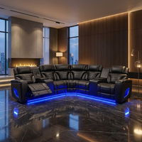 Sofá Reclinable Power Corner de 6 Plazas, Tapizado en Cuero Sintético, Asientos Seccionales para Cine en Casa con Altavoz Bluetooth LED, Puerto USB y Portavasos Refrigerante