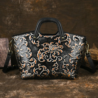 Sac à main pour femme en cuir véritable de style rétro chinois, sac fourre-tout en cuir de vachette de première couche, fermeture éclair, technologie de frottement de couleur, gaufrage