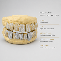 Grillz bicolores sertis de pierres, jaune et argent, ensemble complet supérieur et inférieur, bijoux sur mesure pour hommes et femmes