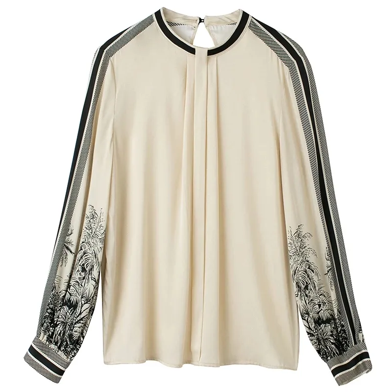 Blusa feminina de seda natural para escritório, blusa estampada de manga comprida com decote em O, moda elegante primavera verão 2024