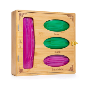 Custom logo wall mounted design bamboo ziplock bag storage organizer for kitchen organization and storage