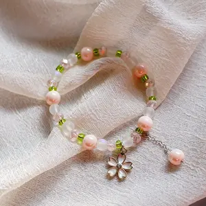 流行樱花手链珠子粉色渐变珍珠手链水晶女孩装饰手工塑料合金染料