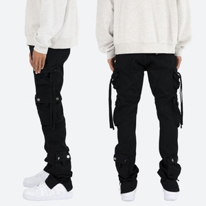 High Quality Customize logo Cotton Twill Fashion Slim Side Pockets Black <b>Cargo</b> <b>Pants</b> for Men - Product Image 4