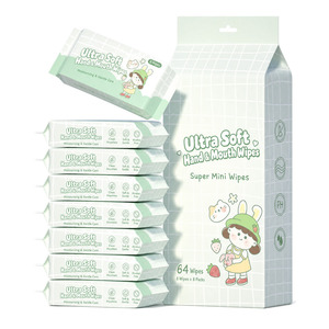 ผ้าเช็ดทำความสะอาดมือและปากเด็กแบบพกพาขนาดเล็ก 64 แผ่น 8 แพ็ค ผลิตแบบ OEM ODM สำหรับ<span class=keywords><strong>ขาย</strong></span>ส่ง เนื้อผ้านุ่มพิเศษ ปราศจากแอลกอฮอล์ ช่วยบำ<span class=keywords><strong>ร</strong></span>ุงผิวอย่างอ่อนโยน - Product Image 1
