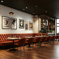 Meubles de restaurant et de café commerciaux Ron Group, table avec base en bois et métal, ensemble de chaises personnalisées, banquette en cuir capitonnée
