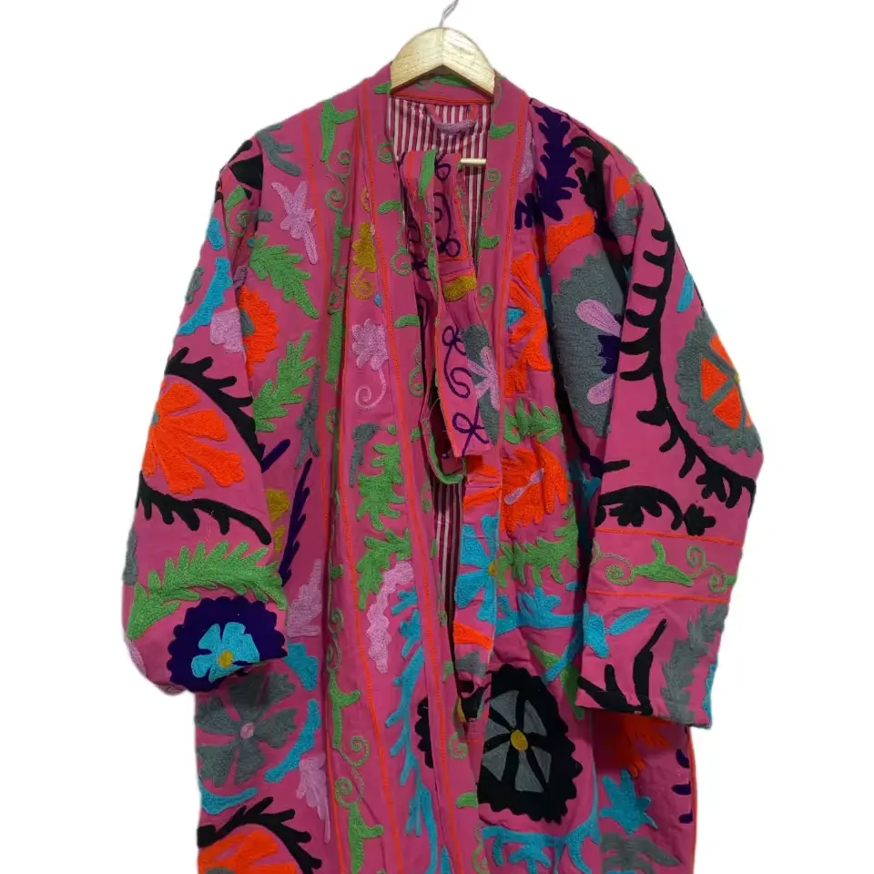 Jaket pendek bordir tangan Suzani Indian jubah mandi bunga Kimono pakaian malam wanita Crewel kasmir Boho jubah mandi bunga