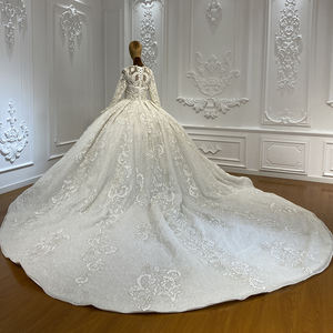 Robes de mariée LSCJ34, style classique moderne, manches longues, empire, robe bouffante, dentelle florale, appliques en cristal - Product Image 4