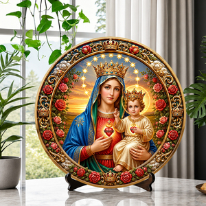 Piatto Decorativo in Resina con Madonna Coronata e Gesù Bambino, Bordo Rosa, Ornamento Religioso da Tavolo per Famiglia Cattolica - Product Image 1