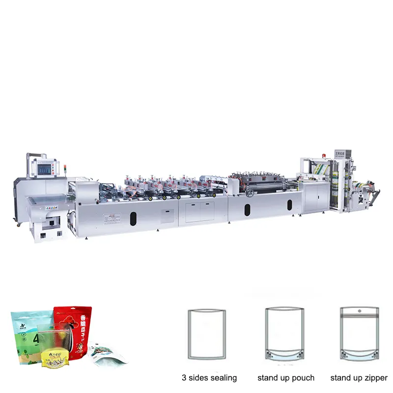 Fully Automatic Many Functions 3 Side Seal Doypack Self Stand Up Bag Making Machine With Zipper Attachment