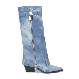Denim Metallic Lock Shark <strong>Boots</strong> Cowgirls Chunky Heels square Toe Western <strong>Boots</strong> <strong>Cowboy</strong> <strong>Boots</strong> for <strong>Women</strong> - Product Image 1