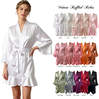 Robe Courte Kimono en Soie Satinée Couleurs Unies Prête à Expédier, Col en V, pour Femme, Vêtement de Nuit, Robe de Demoiselle d'Honneur à Volants pour Mariage