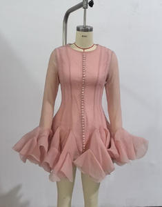 Mini Abito da Donna Elegante Monopetto con Maniche a Trombetta e Scollo Rotondo, Vestito Corto Ampio a Tinta Unita con Vita Stretta in Pizzo - Product Image 3