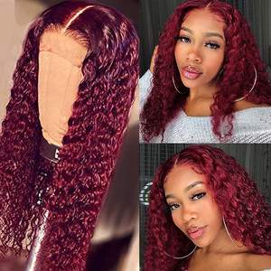 Perruques frontales en dentelle 13x4 en <span class=keywords><strong>cheveux</strong></span> humains colorées bordeaux 99j pour femmes noires, pré-épilées, bouclées, frisées, ondulées, effet Jerry, Deep Curly, Water Wave, vente en gros - Product Image 4