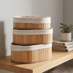 Oval Bamboo Storage <b>Baskets</b> with <b>Linen</b> Lining Stackable Eco-Friendly Multi-Purpose Nordic Style Organizers - Product Image 4
