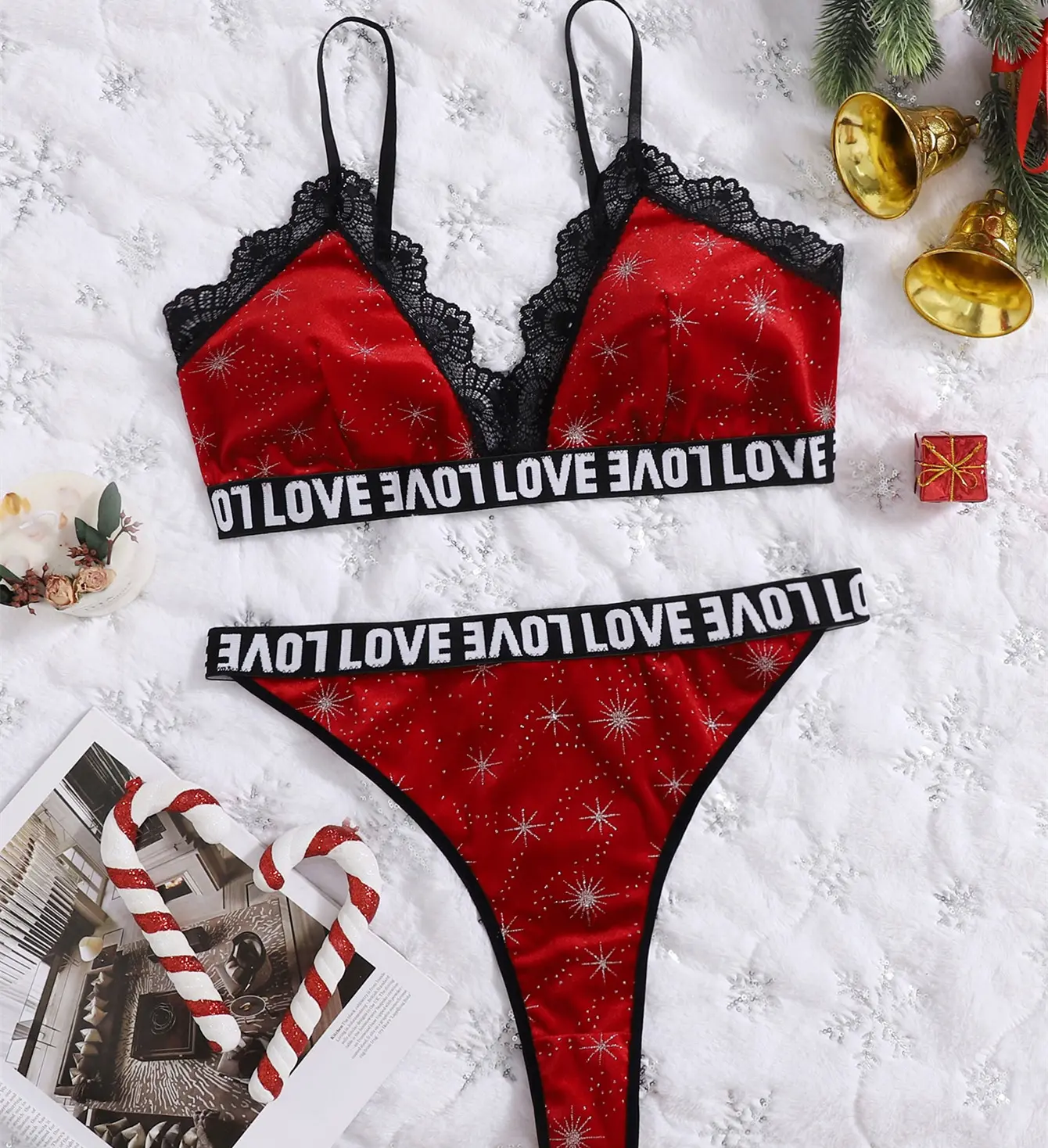 Deep Love poliéster copo de nieve impreso buena elasticidad encaje dos piezas sexy rojo Navidad bikinis atractivo ropa interior traje de mujer