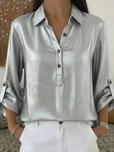 Camisa Solta para Mulheres - Estilo Europeu e Americano - Primavera - Tamanho <span class=keywords><strong>Plus</strong></span> - Colarinho - Poliéster e Spandex - Padrão Geométrico - Product Image 5