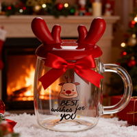 Mug à café en verre borosilicate de haute qualité avec couvercle en forme de corne de cerf, sans BPA, anti-fuite, cadeau personnalisé, design de Noël 2026, best-seller