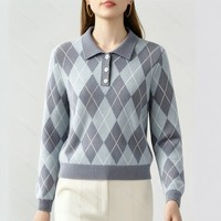 Pull en tricot Argyle pour femme, col rabattu, manches longues, pull décontracté pour femme pour l'automne et l'hiver