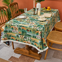Nappe Jacquard Paysage Pastoral de Dessin Animé, Motif Maison, Arbre et Fleur, avec Pompons, Décoration pour Cottage et Bistro