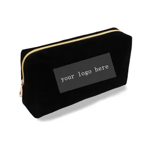 De terciopelo personalizado bolsa de belleza de lujo maquillaje bolsa con cierre de cremallera de viaje cosmético profesional bolsa negro con logotipo de bordado