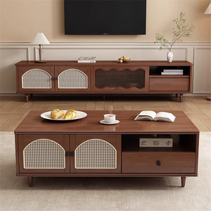 Meuble TV et table basse en bois massif de style vintage avec rangement pour salon et usage domestique - Product Image 2