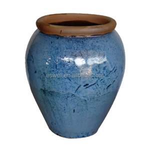 Pot de fleurs vintage en céramique émaillée avec doubles poignées latérales, grand et haut, pour aménagement paysager - Product Image 6