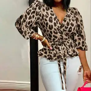 2021 Latest Design Comfortable Soft Feel Leopard V Neck Sexy Fashion Plus Size Collect Waist Print Fall Women Shirt