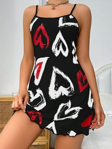 Minivestido <span class=keywords><strong>de</strong></span> dormir <span class=keywords><strong>de</strong></span> satén negro con estampado <span class=keywords><strong>de</strong></span> lazo <span class=keywords><strong>de</strong></span> corazón rosa, tirantes finos y dobladillo ondulado, personalizado con estampado <span class=keywords><strong>de</strong></span> corazón, <span class=keywords><strong>de</strong></span> fábrica <span class=keywords><strong>de</strong></span> ropa <span class=keywords><strong>de</strong></span> descanso. - Product Image 6