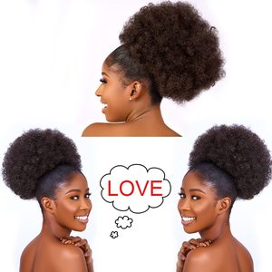 Extension de queue de cheval Afro Puff Drawstring <span class=keywords><strong>avec</strong></span> franges pour femmes noires Short Curly Clip in Wrap Updo Hairpiece - Product Image 5