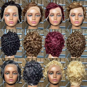 Perruque courte en cheveux humains vierges, coupe pixie, vague d'eau bouclée, couleur naturelle, densité 180%, perruque à dentelle frontale 13x1, 6 pouces - Product Image 2