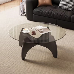 Set di Tavolini da Caffè Rotondi da <span class=keywords><strong>80</strong></span> cm con Piano in Vetro e Base in Legno, Moderni ed Economici per Soggiorno - Product Image 1