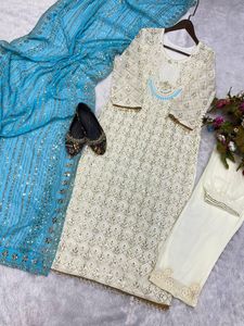Conjunto de Kurta y Pantalón Dupatta de Georgette Sintética India, Ropa Étnica, Venta al por Mayor de Fábrica, Kurti Estampado Sólido para Mujer, Étnico Indio - Product Image 6