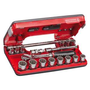 USAG - U06090016 Surtido con zócalos bihexagonales y trinquete de 3/8 ''en caja bimaterial (18 Uds.) JUEGOS DE TRINQUETAS Y TOMAS - Product Image 1