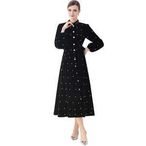 Mùa thu mùa Đông thanh lịch của phụ nữ Midi nhung ăn mặc trong màu đen với mô hình rắn thắt lưng tự nhiên nút & sashes - Product Image 5