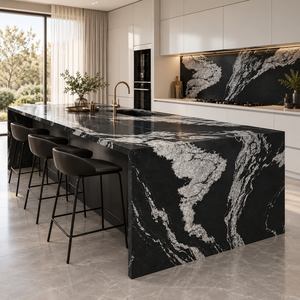 Losas de Piedra Sinterizada Negra Pulida Versace con Diseño Book Match para Encimeras de Cocina, Paredes de TV y Mesas Comerciales - Product Image 2