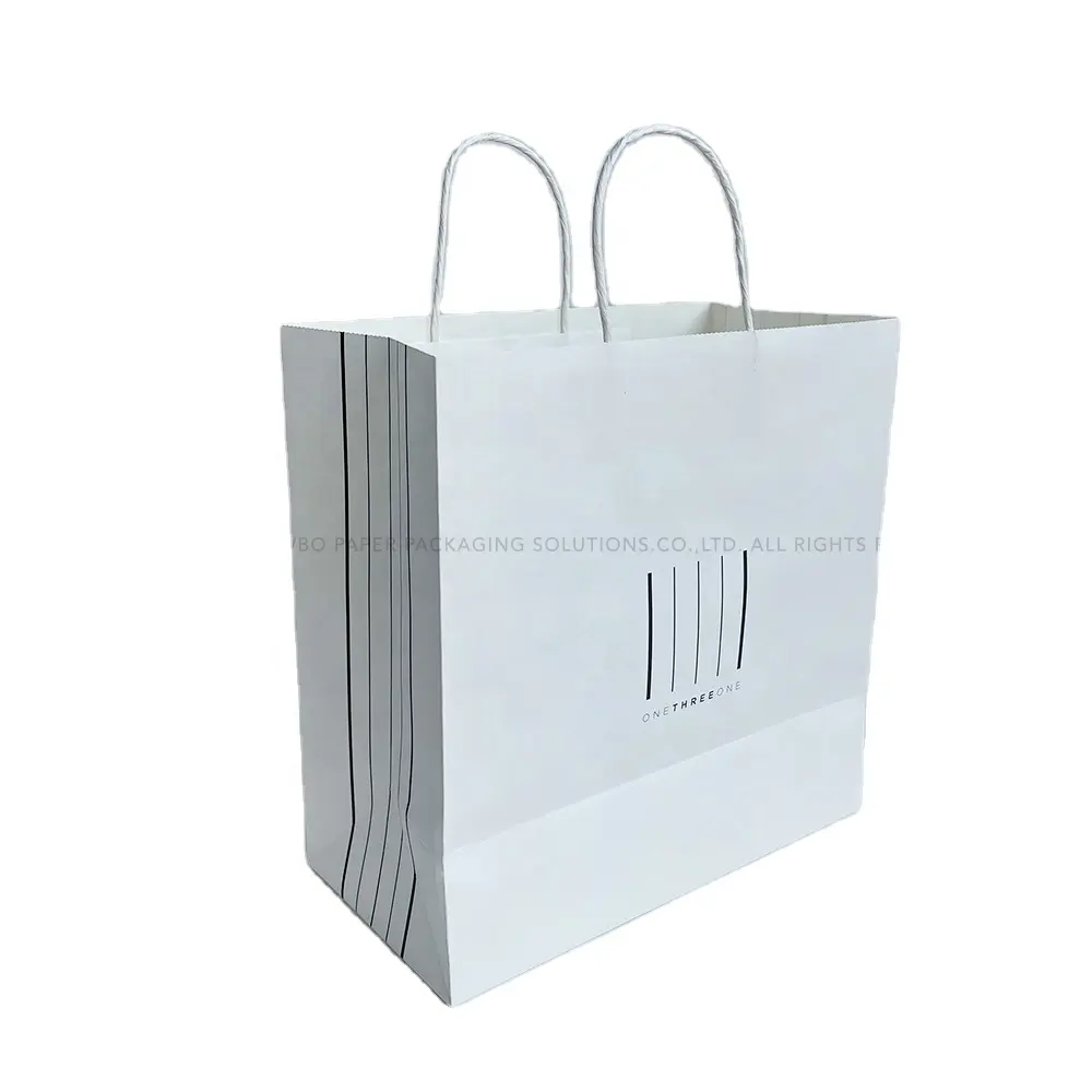 High-end Durable Simplistic Black Vertical Line Patterned White Kraft Paper Bag with Twisted Handle for Bakery Bistro Cafeteria