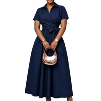 Robe décontractée grande taille pour femmes européennes et américaines, été 2026, sexy, coupe trapèze, en dentelle, à col revers, manches courtes, taille nouée, respirante