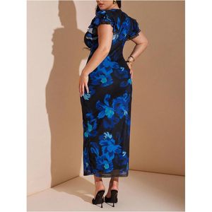Vestido Maxi Floral de Talla Grande para Mujer, Escote en V Profundo, Manga Corta con Volantes, Vestido de Noche de Gasa Ajustado, Vestido de Fiesta para Invitadas de Boda - Product Image 2
