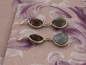 925 Sterling <b>Silver</b> Minimalist <b>Long</b> Hook Drop <b>Earrings</b> with Natural Labradorite Smokey Quartz for Wedding or Gift - Product Image 5